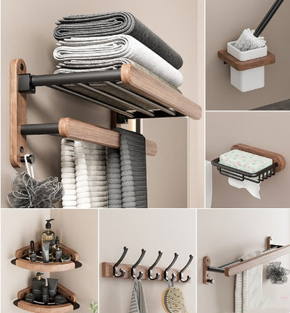 Solid Wood Towel Rack Perforation-free Bathroom Shelving